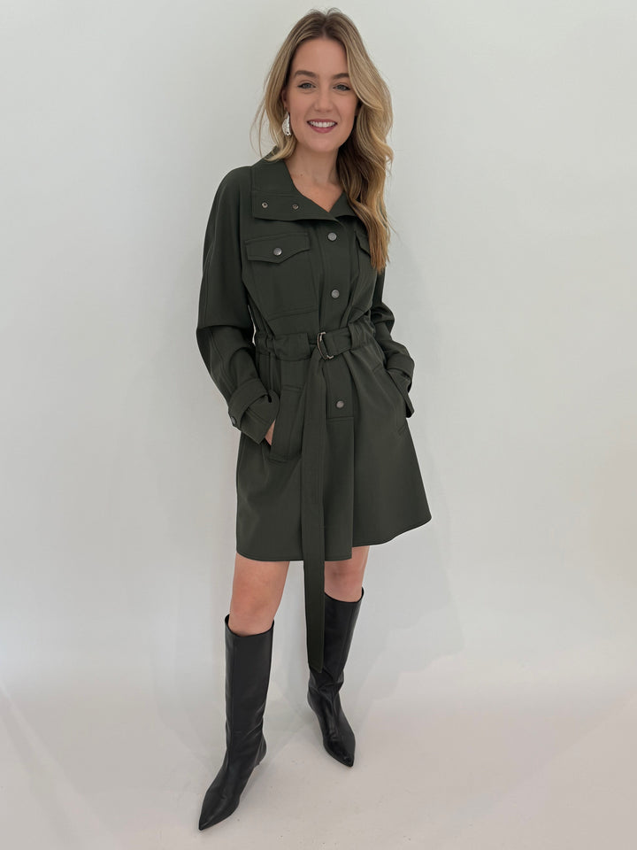 Max Mara Weekend Brioso Utility Dress in Dark Green available at Barbara Katz