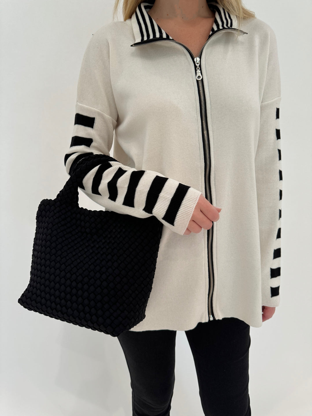 Barbara Katz Ivory Zip Up Jacket With Black Stripes on the collar and long sleeves