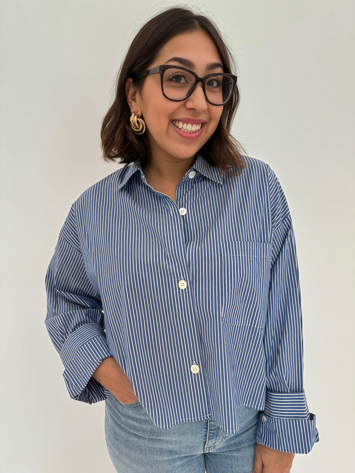 Repeat Button Down Stripe Long Sleeve Blouse in Blue Stripe