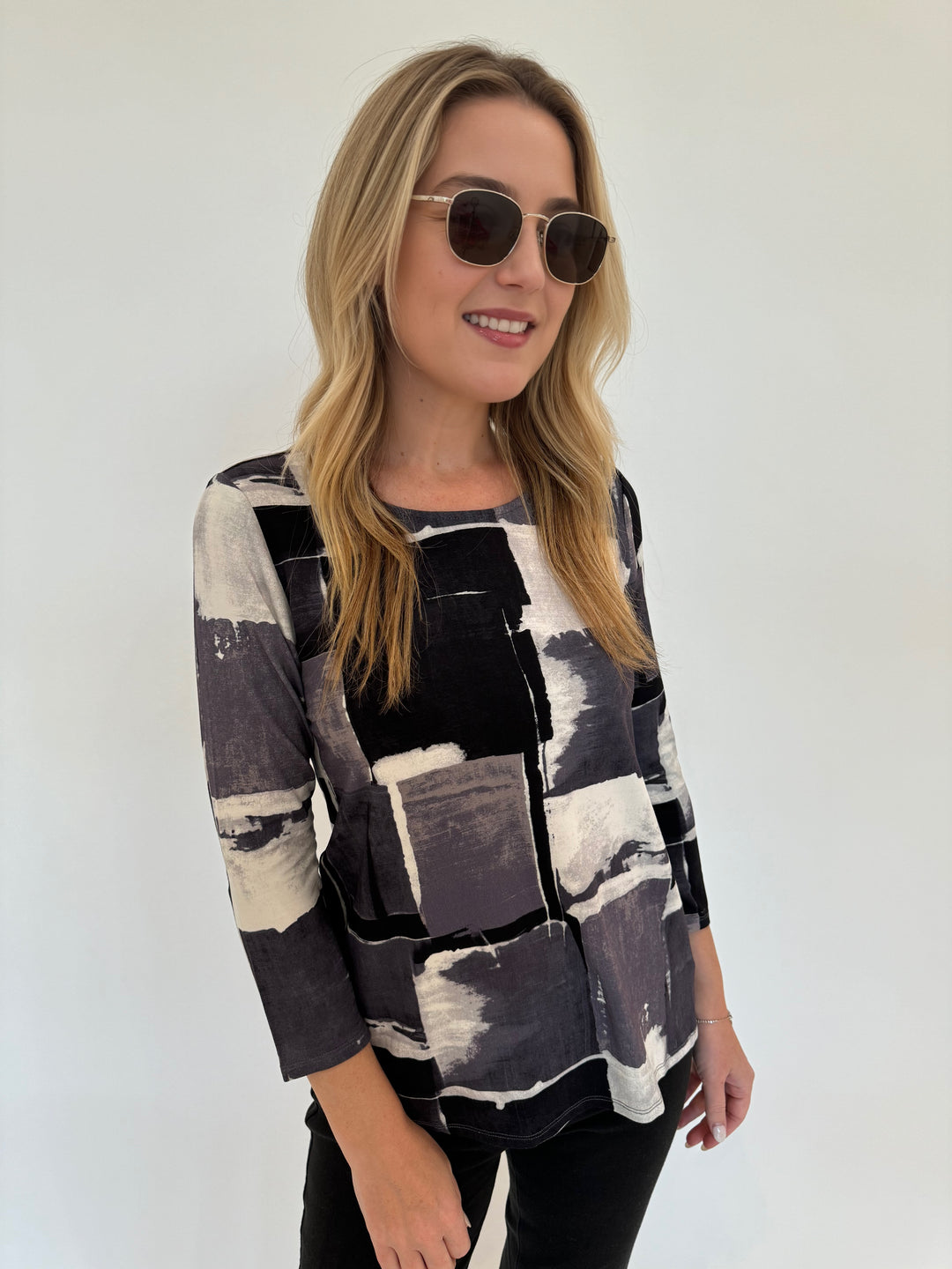 LIV by Habitat Watercolor Tiles Easy Tee in Charcoal with Le Specs Neptune Deux Sunglasses available at Barbara Katz