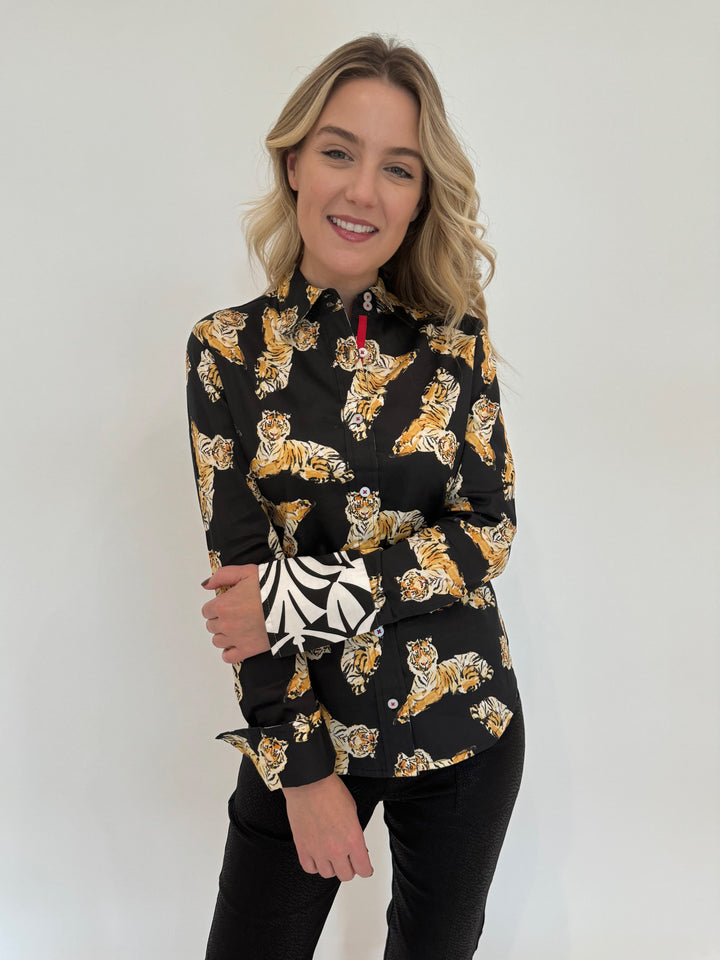 Dizzy-Lizzie Rome Shirt in Black With Tiger Print available at Barbara Katz