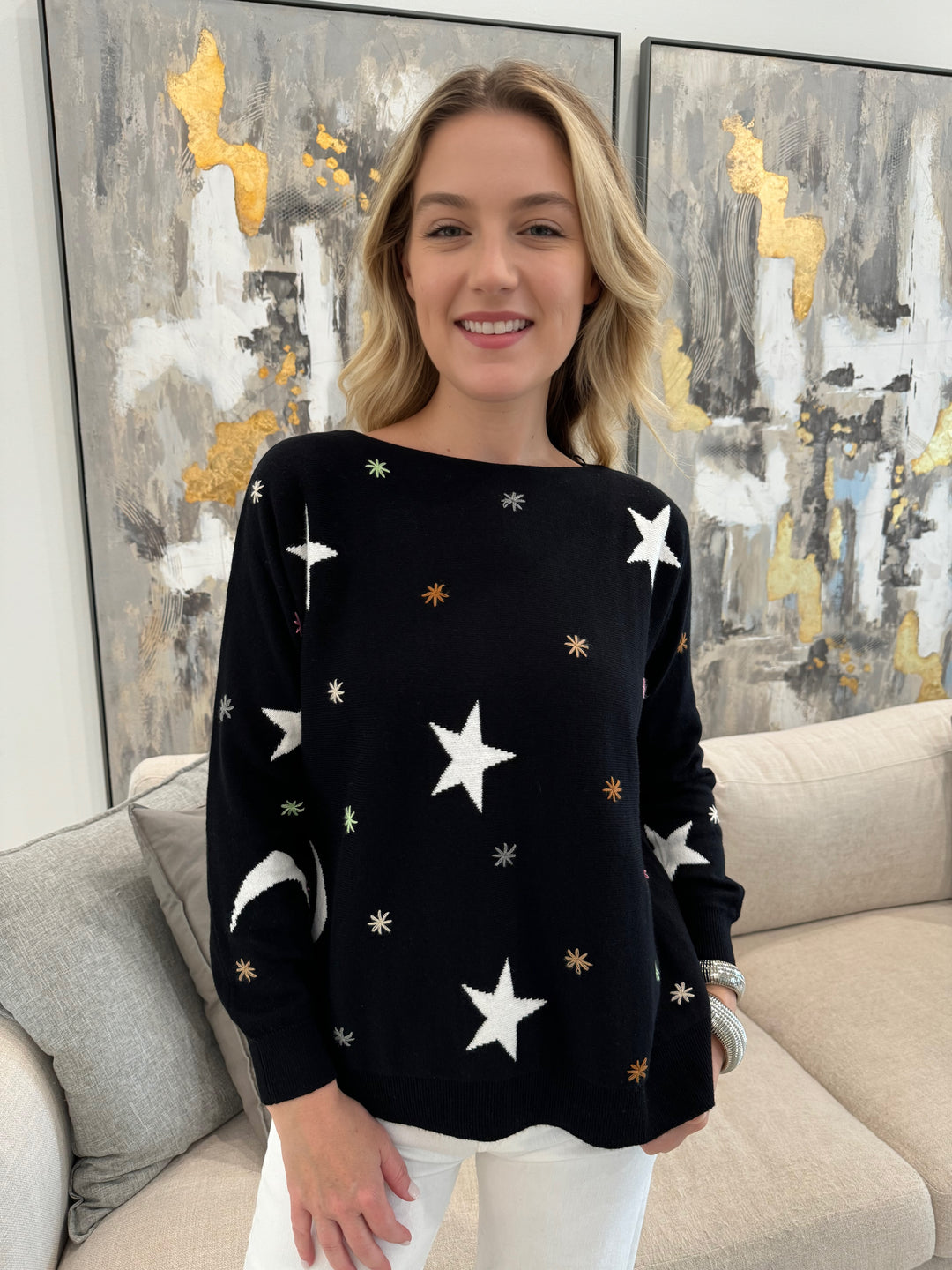 Zaket & Plover Starry Night Sweater in Black, made from soft cotton cashmere fabric, featuring a boatneck, long sleeves, and stunning star design