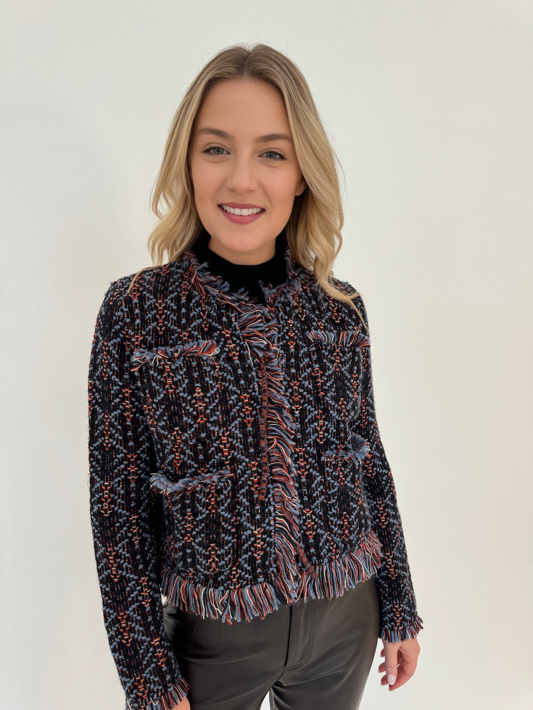 Aldomartins Cook Boucle Fringe Jacket in Blue Multicolor available at Barbara Katz