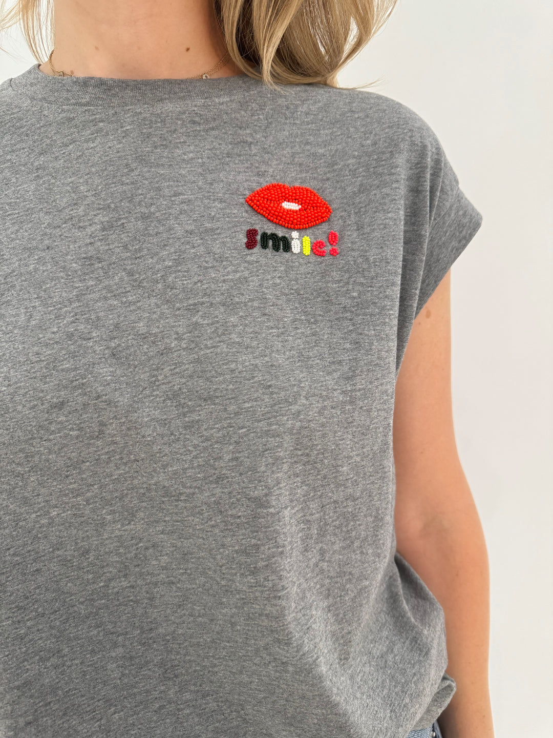 Essentiel Antwerp Glaieul Embroidered T-Shirt in Grey available at Barbara Katz