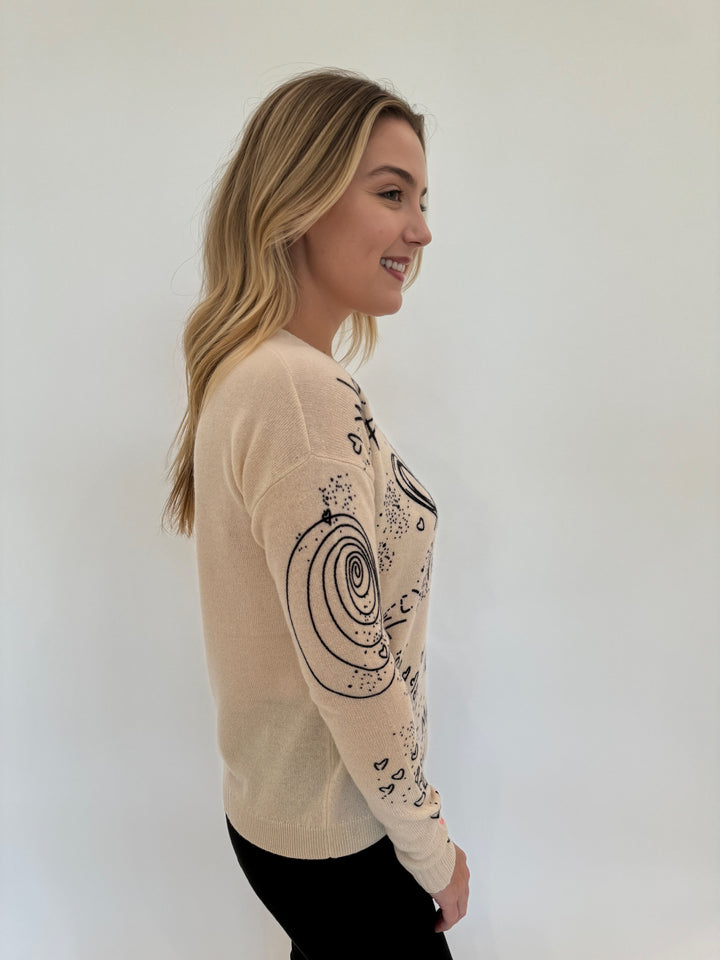 Lisa Todd The Messenger Graffiti Print Cashmere Long Sleeve Crew Sweater in Frosting available at Barbara Katz