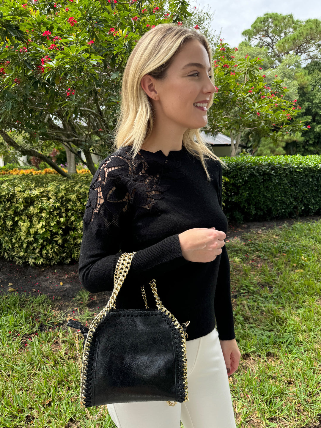 Kinross Cashmere Lace Applique Crew Sweater in Black with BK Luxe Metallic Leather Bag in Black available at Barbara Katz