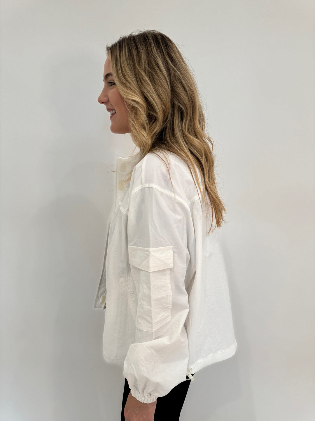 BK Linda Nylon Cropped Long Sleeve Windbreaker in Off White available at Barbara Katz