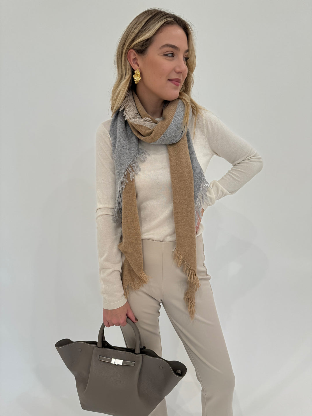 Kinross Cashmere Striped Fringe Triangle Wrap in Camel Multi available at Barbara Katz