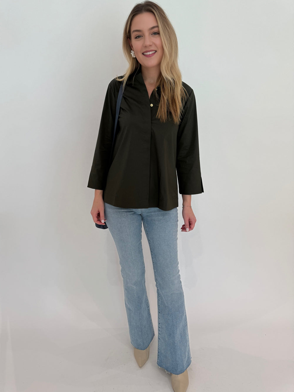 Hinson Wu Xena 3/4 Sleeve Zip Back Shirt in Oregano paired with Frame Le Easy Flare Raw Fray Jeans