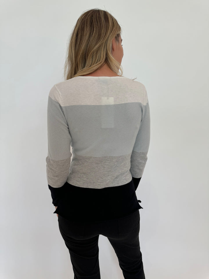 Pure Amici Multi Stripe Crew Sweater in Mist available at Barbara Katz