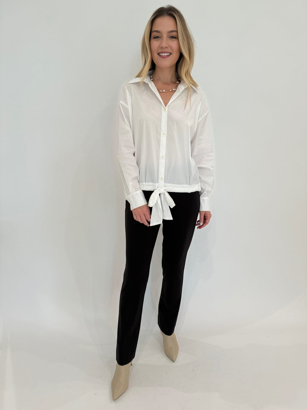 Repeat Long Sleeve Blouse With Tie Waistband - White