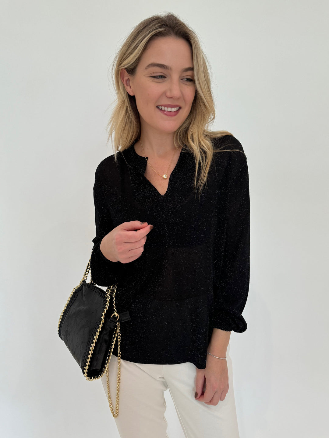 Kinross Shimmer Splitneck Sweater in Black with BK Metallic Luxe Leather Bag in Black available at Barbara Katz