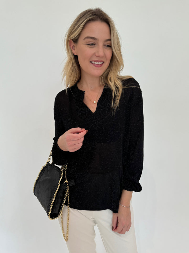 Kinross Shimmer Splitneck Sweater in Black with BK Metallic Luxe Leather Bag in Black available at Barbara Katz