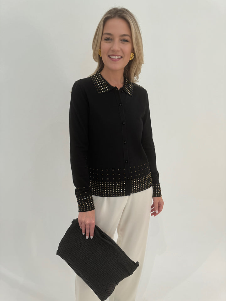 Leo & Ugo Rhinestone Grommet Cardigan in Black available at Barbara Katz