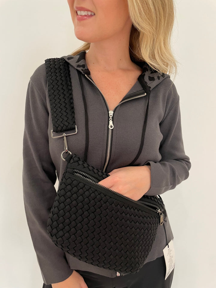 Sol and Selene Ethereal Woven Neoprene Bag in Black available at Barbara Katz