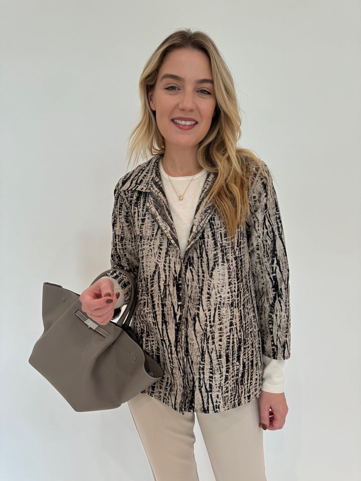 Caroline Rose Abstract Jacket in Multi/Black with DeMellier Stone Grey The Midi New York Tote Bag available at Barbara Katz