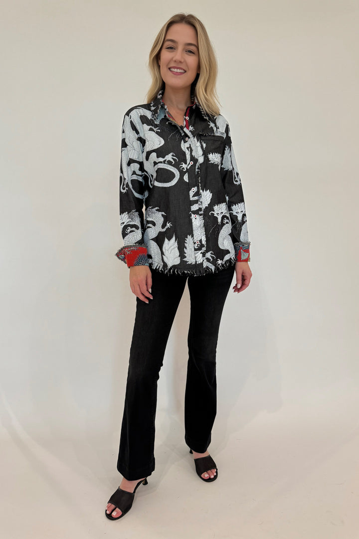 Dizzy-Lizzie Cape Cod Frayed Cotton/Linen Shirt in Grey Denim Dragons Print paired with MAC Dream Boot Jeans in Black Used Wash available at Barbara Katz