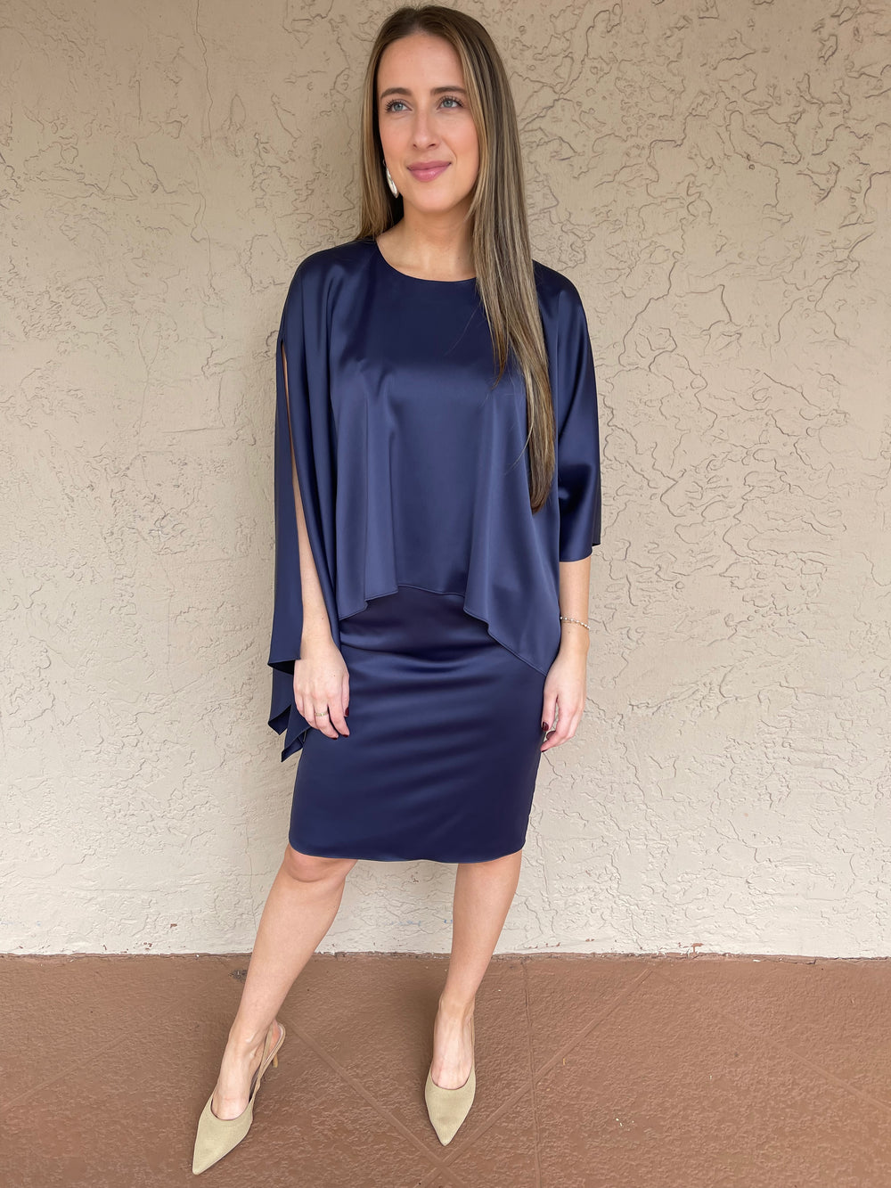 Satin Caplet Cocktail Dress - Navy