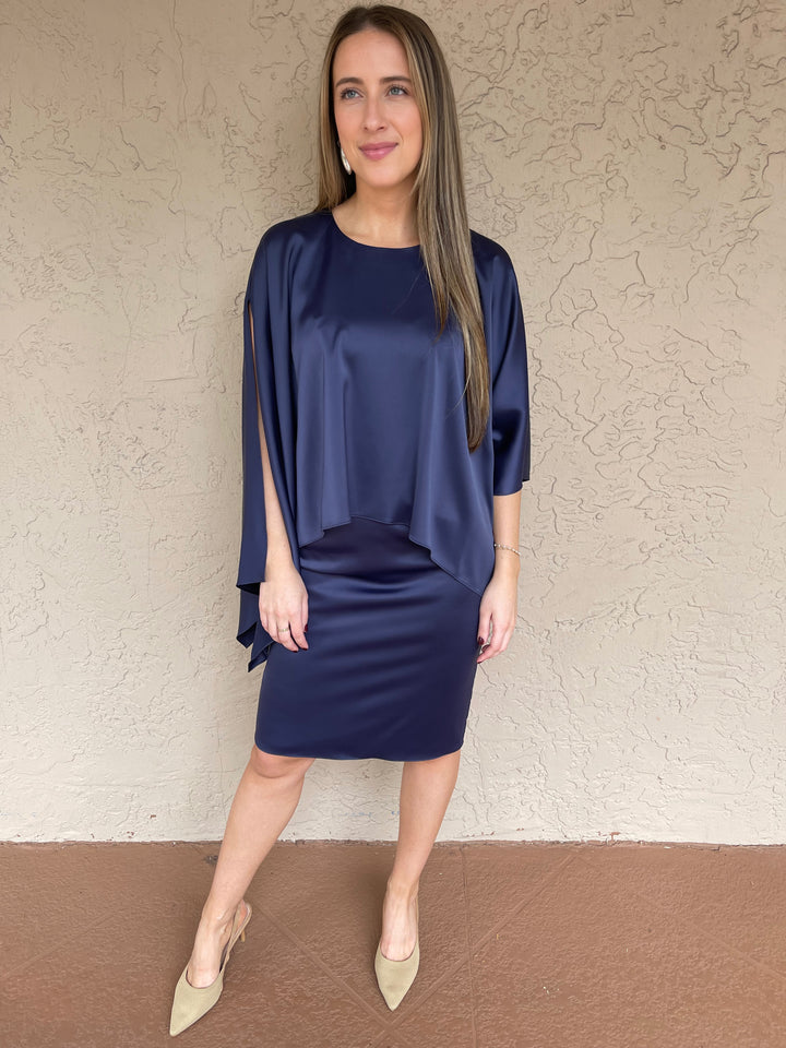 Satin Caplet Cocktail Dress - Navy