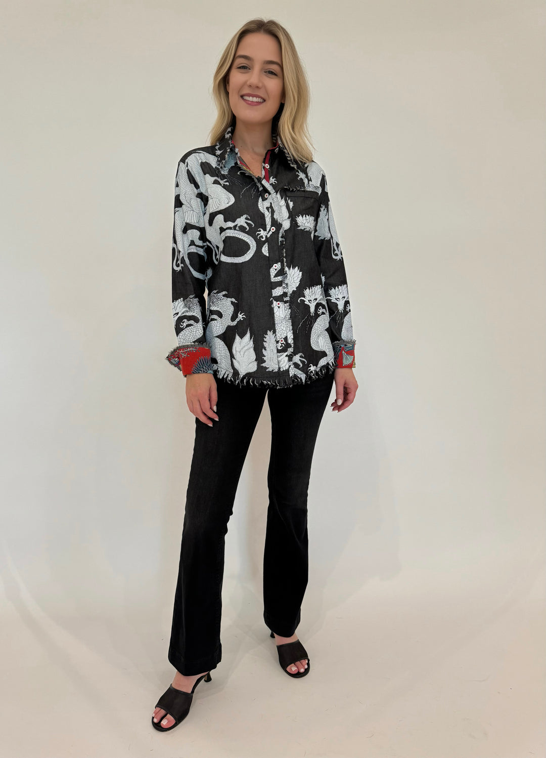 MAC Denim Dream Boot Jeans 32" in Black Used paired with Dizzy-Lizzie Cape Cod Shirt with Dragon Print available at Barbara Katz