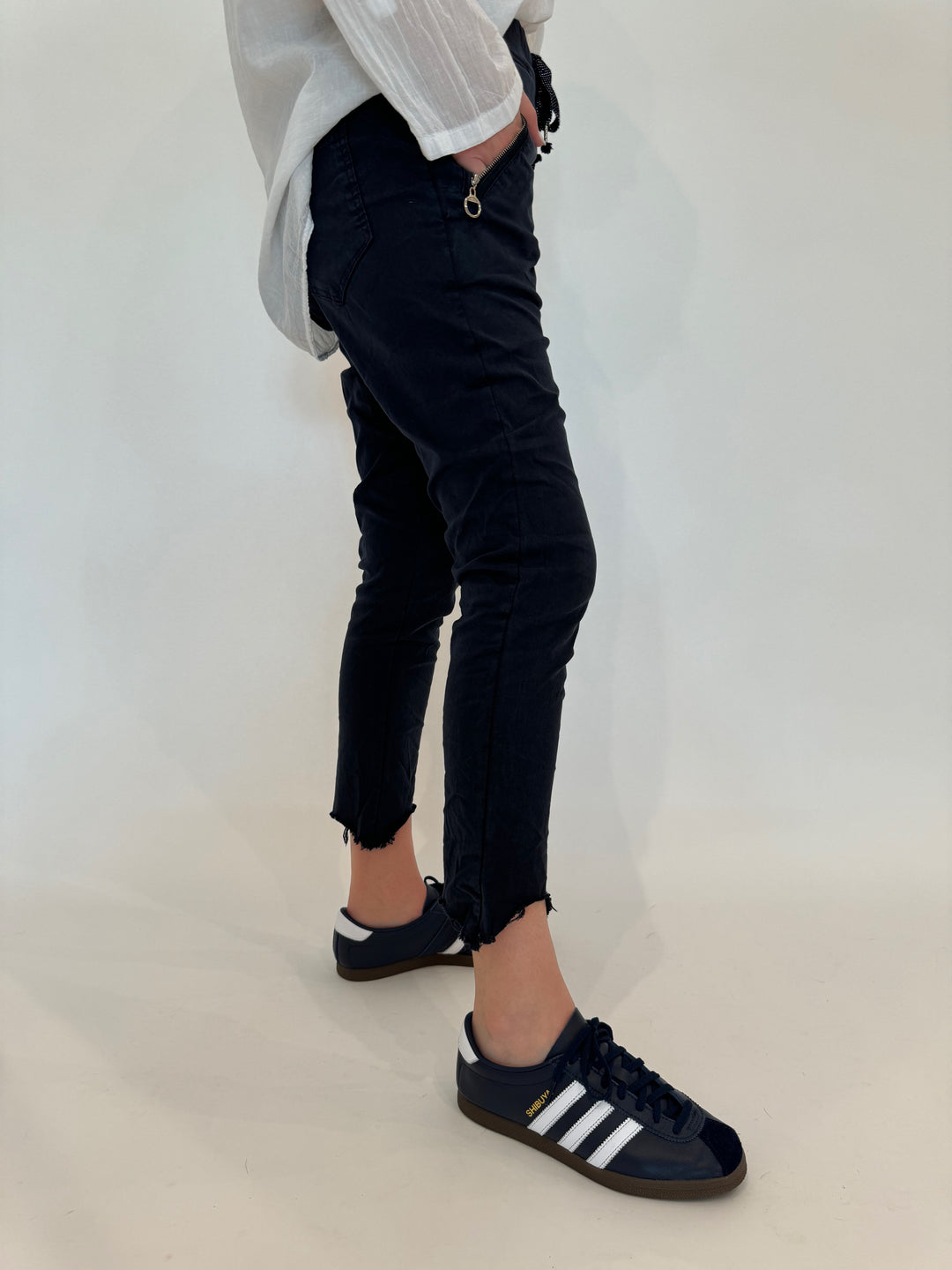  BK Charlie Zip Pocket Crinkle Jogger With Raw Hem in Navy available at Barbara Katz