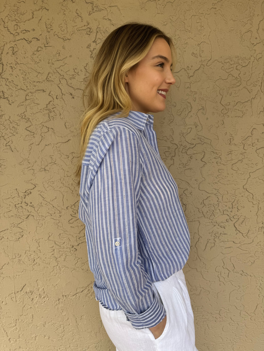 CINO Positano Stripe Boyfriend Shirt - Blue