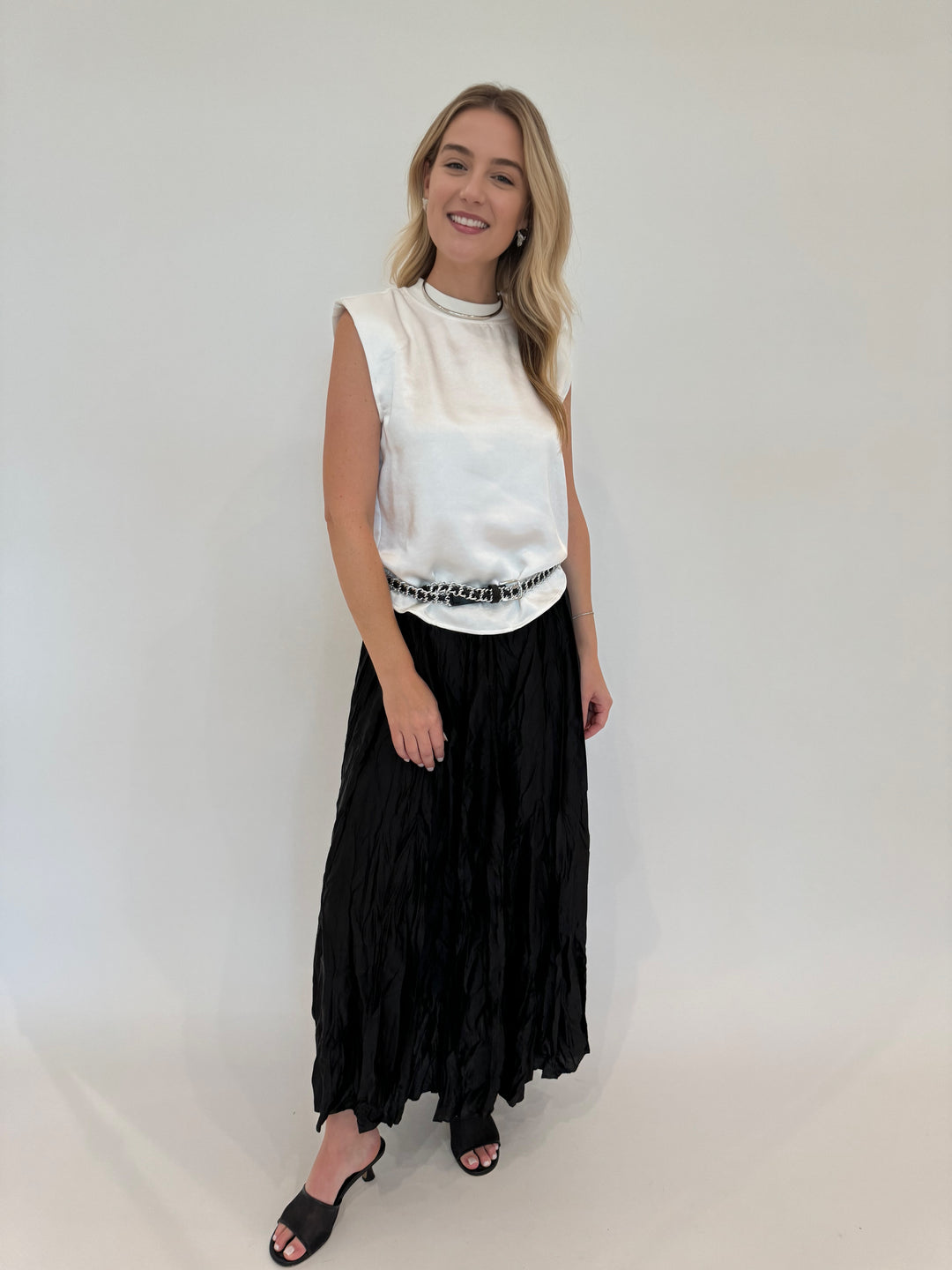 Melissa Nepton Off White Helora Satin Top paired with BK Black Maddie Crinkle Maxi Skirt available at Barbara Katz