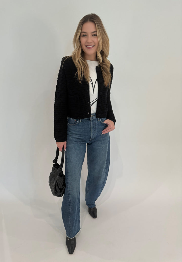 Barbara Katz Lili Chunky Textured Jacket in Ebony with Erica Heart Scoop Neck Top underneath, paired with Agolde Luna Tapered Jeans, Daniella Lehavi Bali Mini Knotted Bag