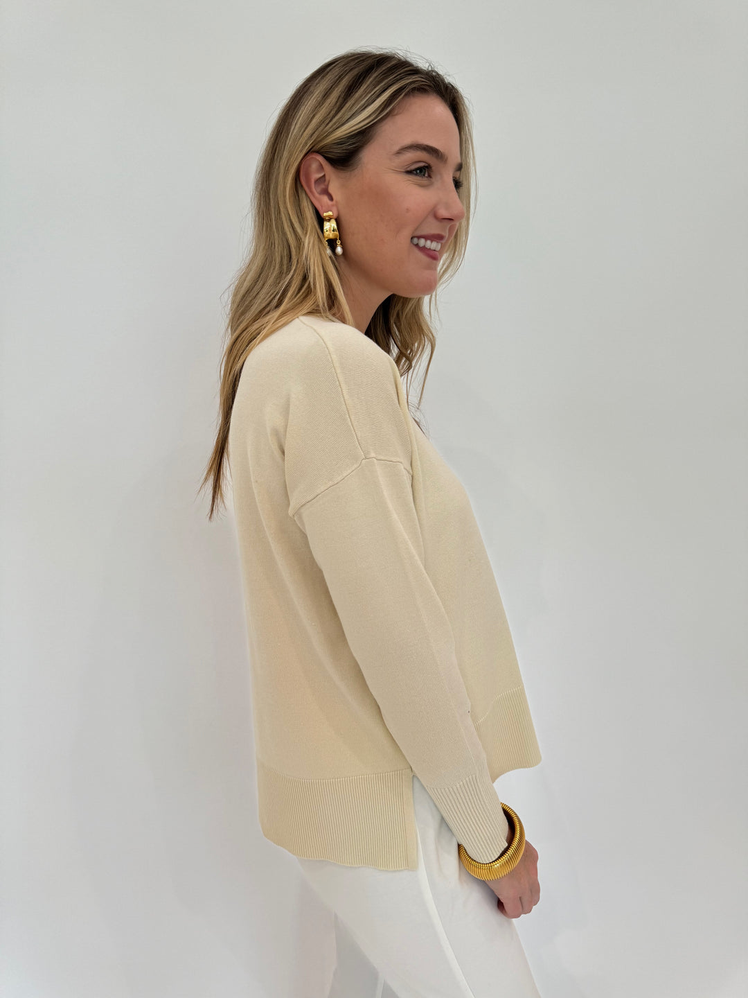 BK Stella Roll Crew Neck Long Sleeve Sweater in Ivory available at Barbara Katz