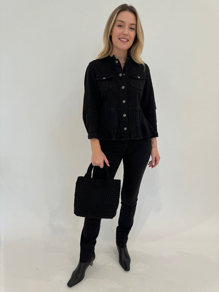 Peace of Cloth Denim Stitch Band Collar Jacket in Black paired with Denim Jean in Black and Sol and Selene Sky's The Limit Small Tote Bag in Black