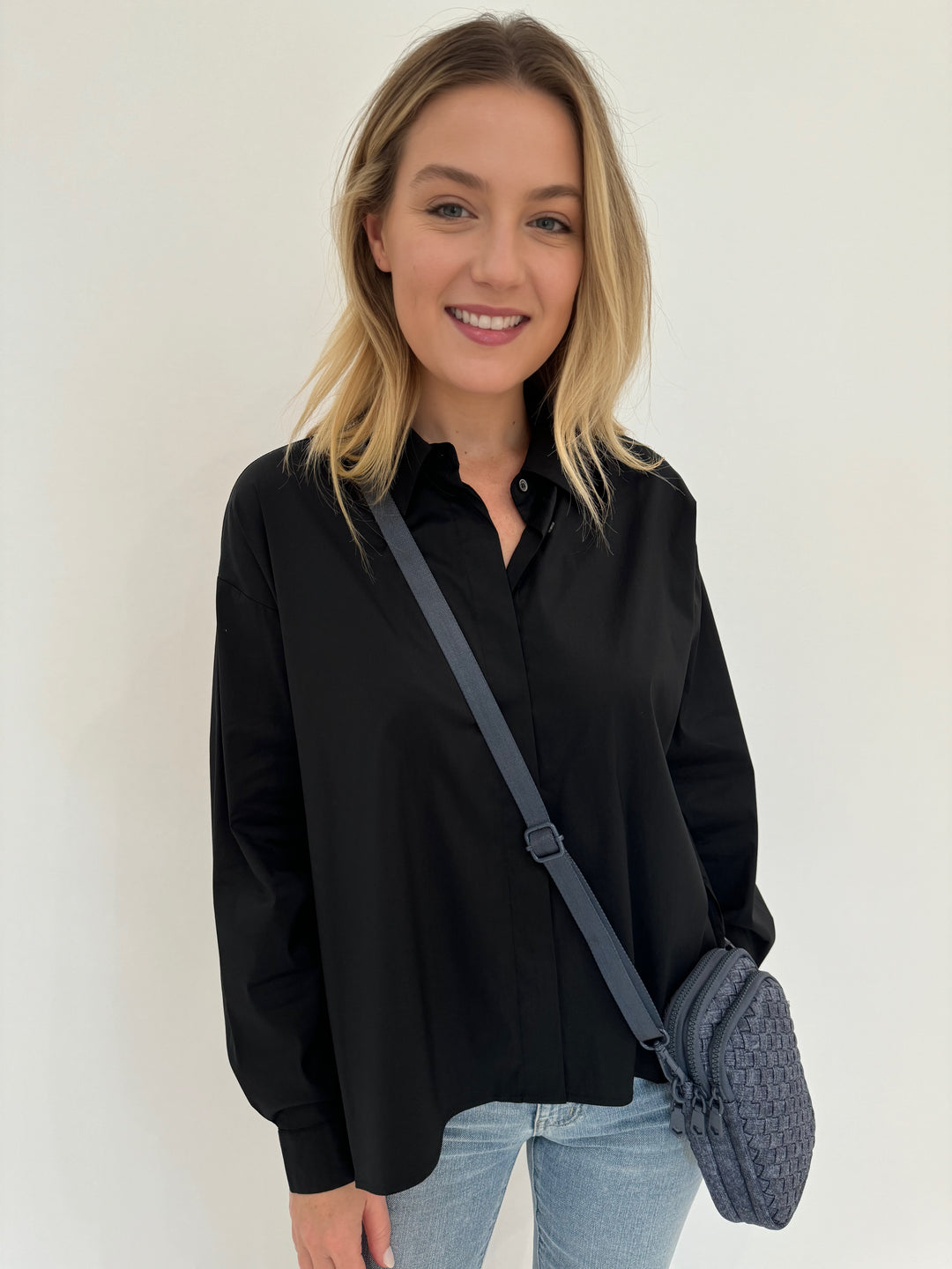 Repeat Blouse With Side End Slits in Black with Sol and Selene Divide & Conquer Woven Crossbody Bag in Denim