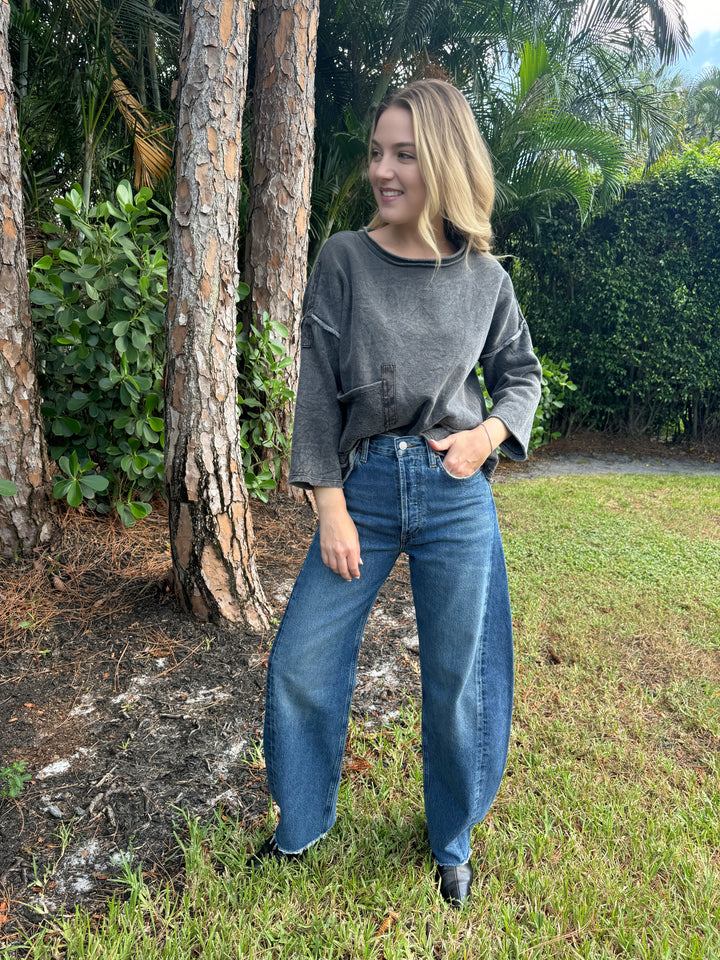 Beau Jours Pauline Top in Black paired with Agolde Luna High Rise Pieced Taper Jeans In Split