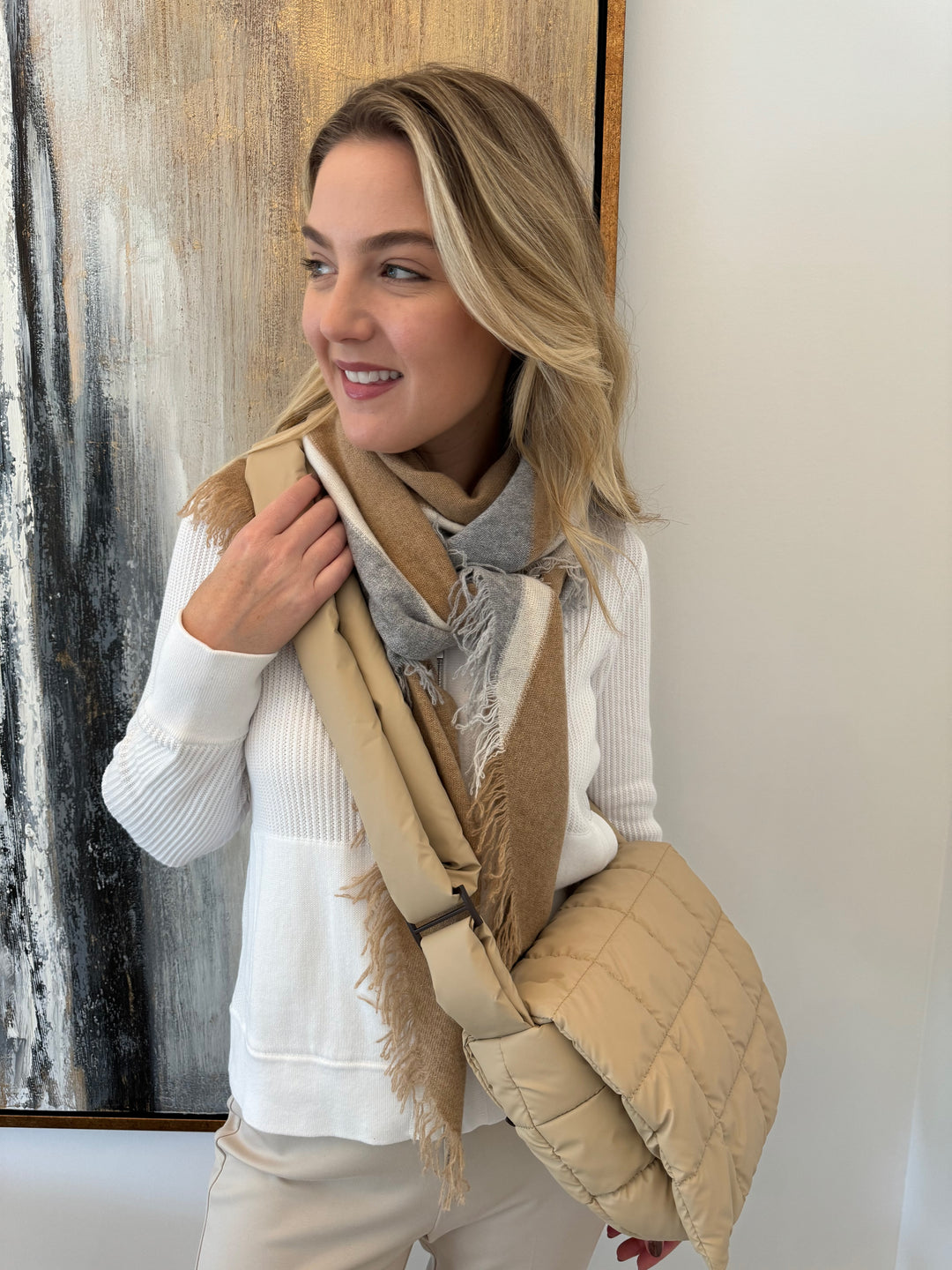 Kinross Cashmere Rib Zip Hoodie in White with Striped Triangle Wrap in Camel Multi and Veel Collective Porter Messenger Bag in Sand available at Barbara Katz