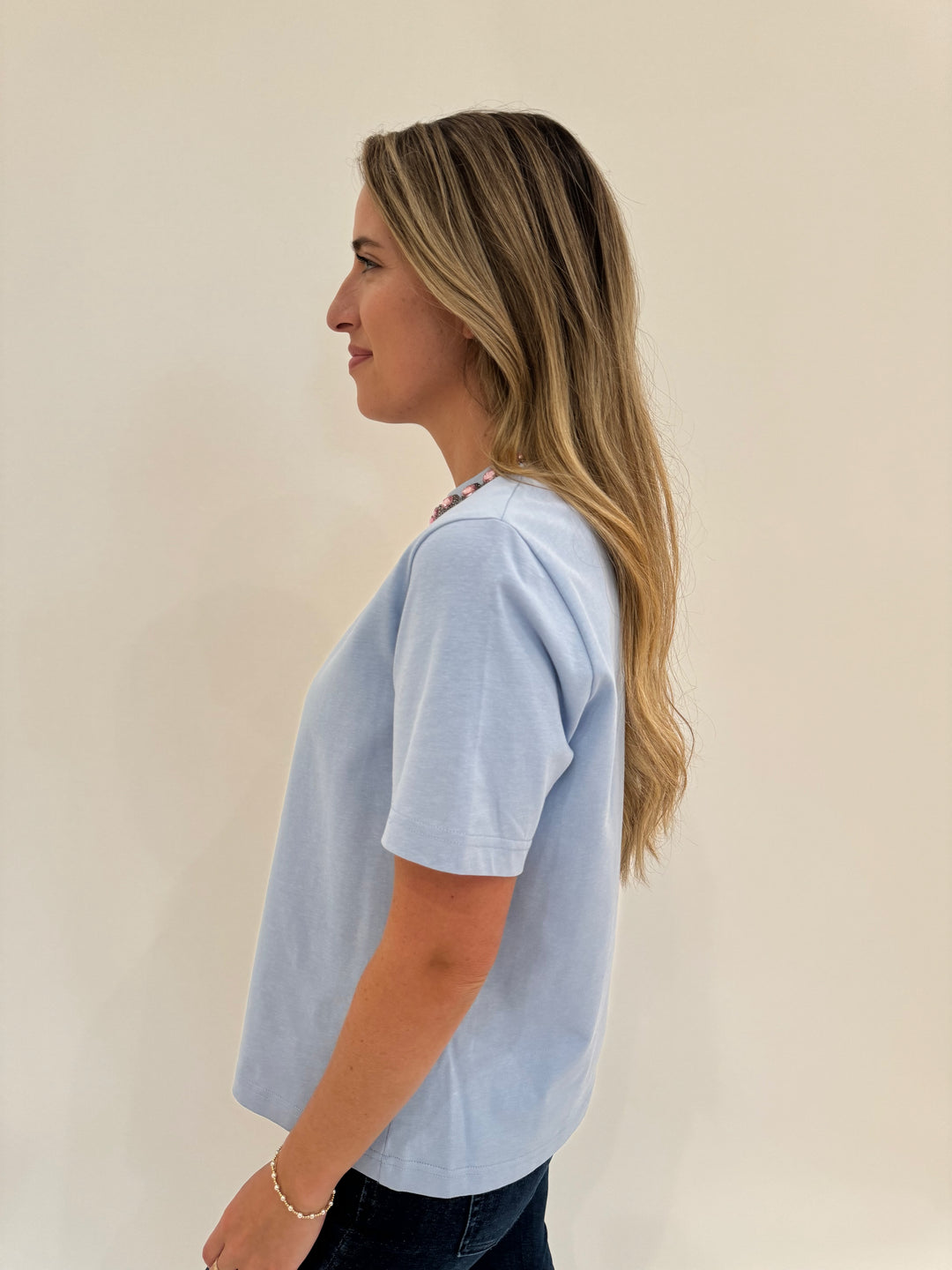 Essentiel Antwerp Galenic Embroidered T-Shirt in Inges Kitchen Sky Blue available at Barbara Katz