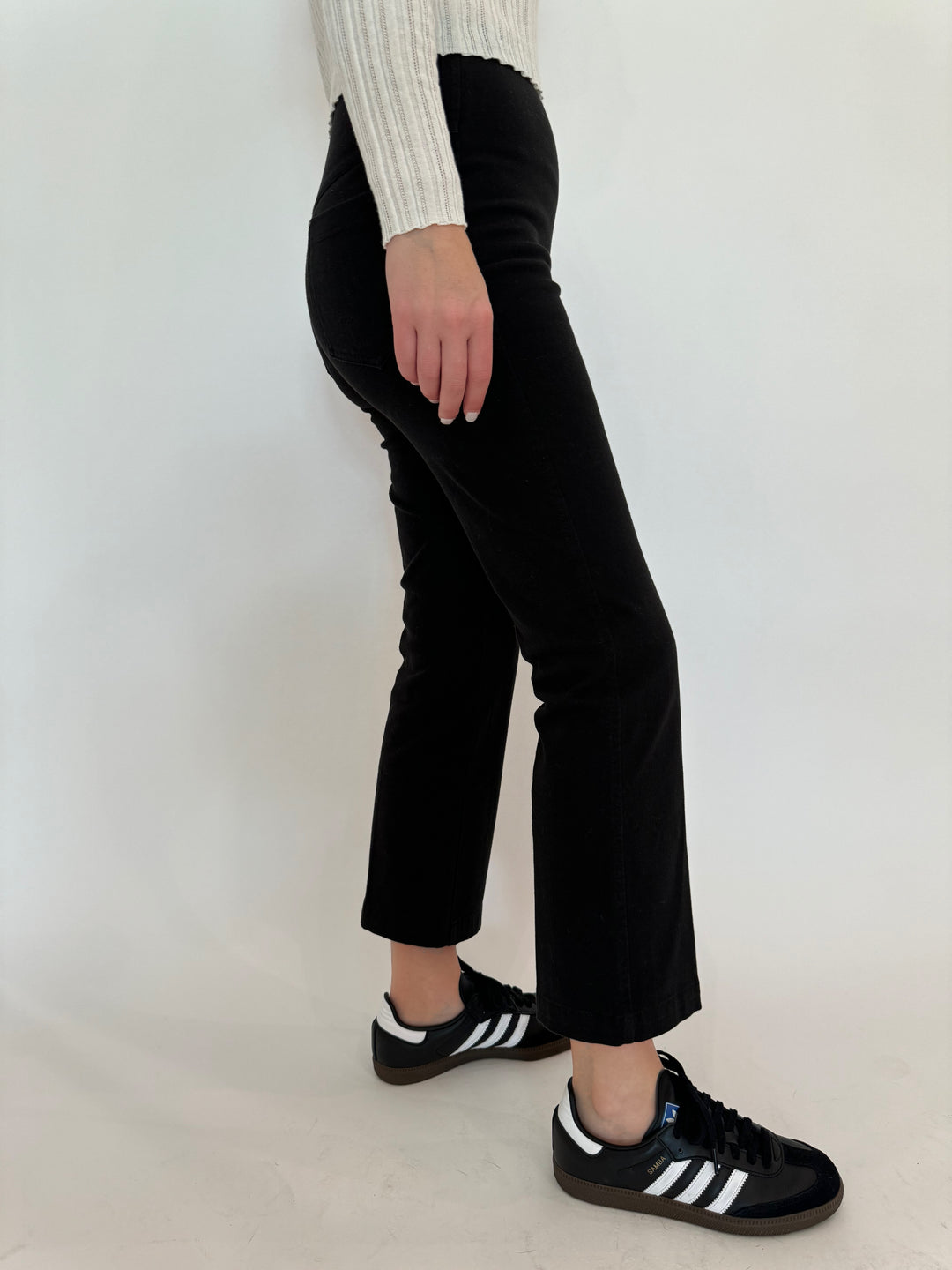 Lysse Ankle Denim Baby Bootcut Pants in Black available at Barbara Katz