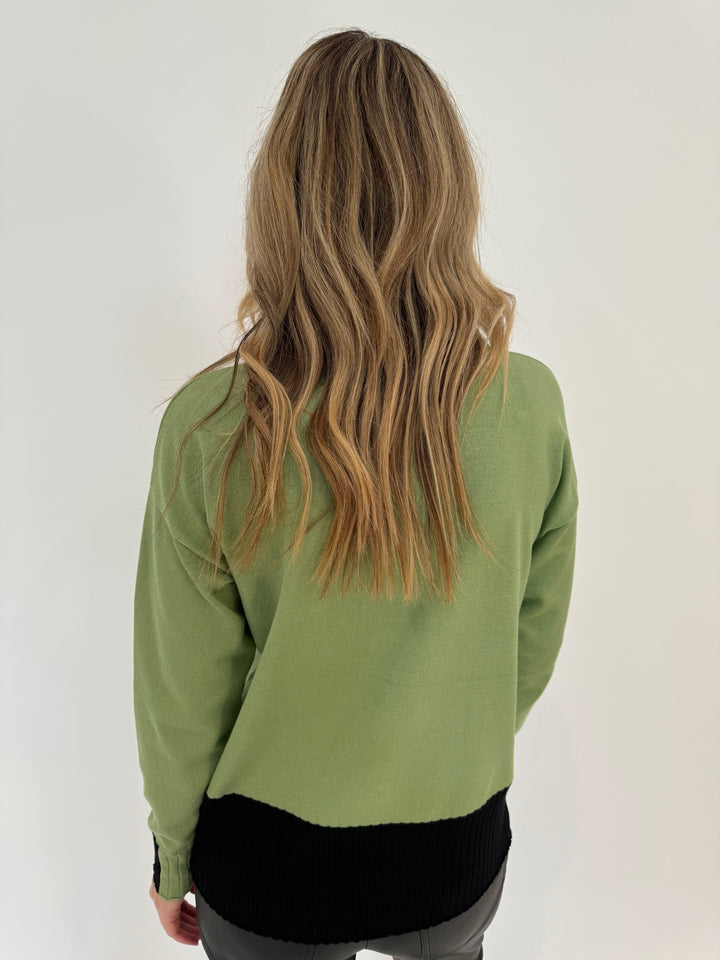 BK Sarah Color Block Tip Sweater in Green Eyes/Black available at Barbara Katz