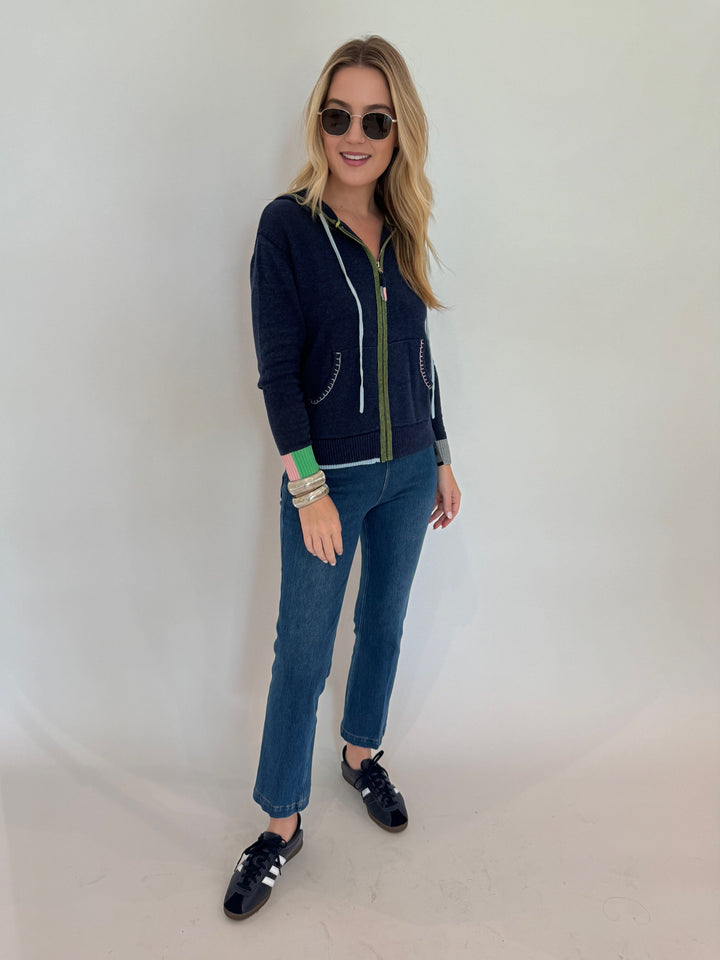 Zaket & Plover Hand Craft Hoodie in Denim paired with Lysse Ankle Denim Bootcut Pants in Midwash available at Barbara Katz