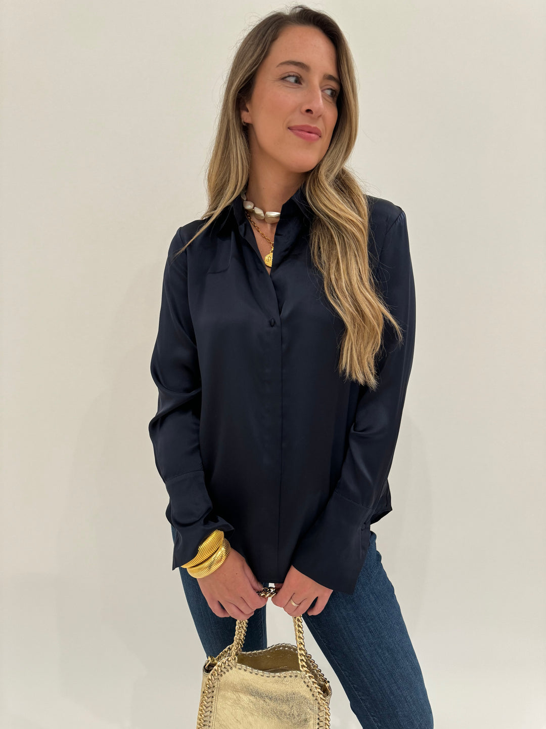 Catherine Gee Daria Long Sleeve Silk Shirt in Midnight Blue available at Barbara Katz