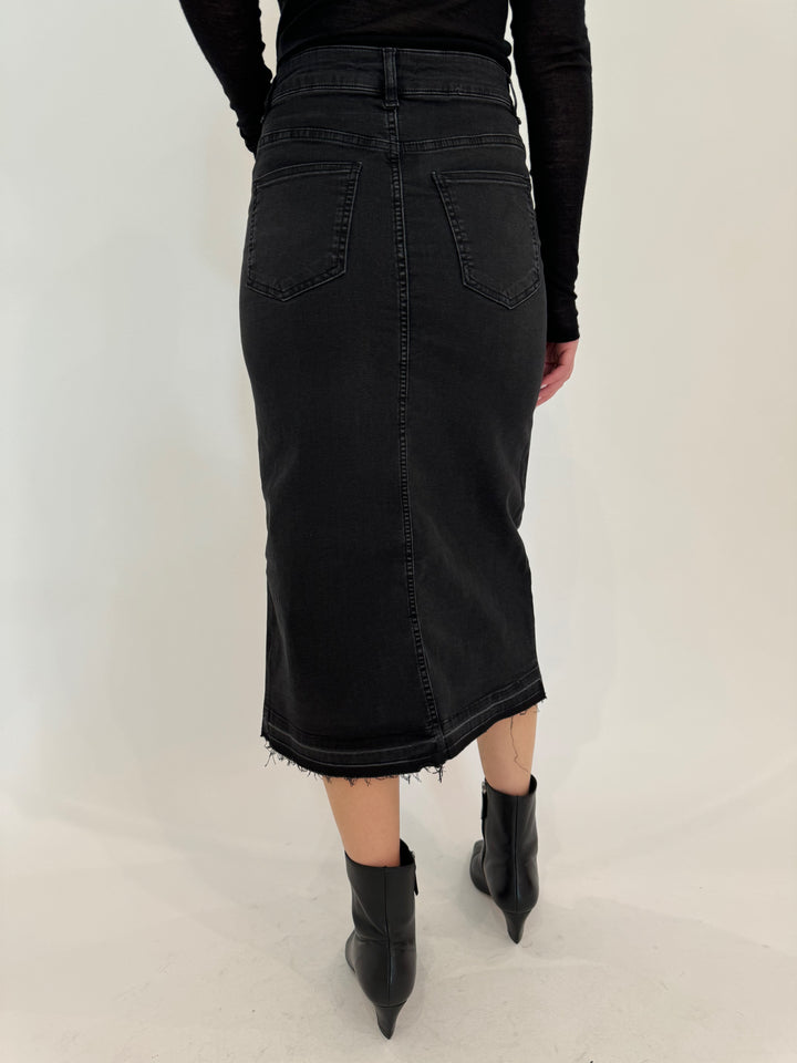 Elliott Lauren Midi Jean Skirt With Front Slit in Black available at Barbara Katz