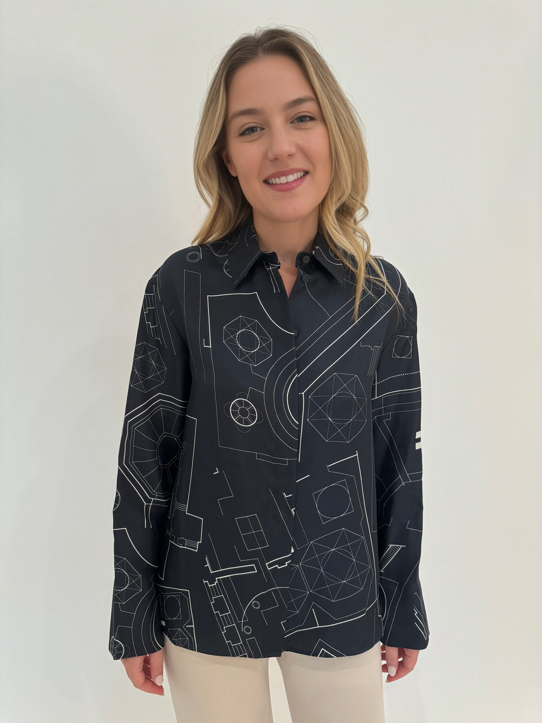 Max Mara Weekend Urna Silk Printed Shirt in Midnight available at Barbara Katz