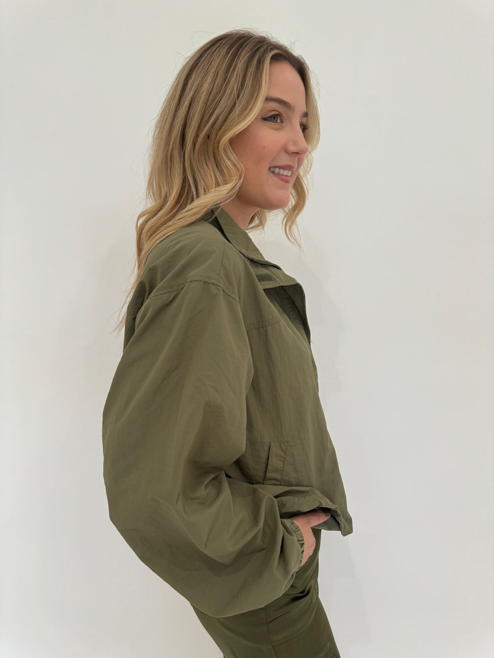 BK Linda Nylon Cropped Long Sleeve Windbreaker in Moss available at Barbara Katz