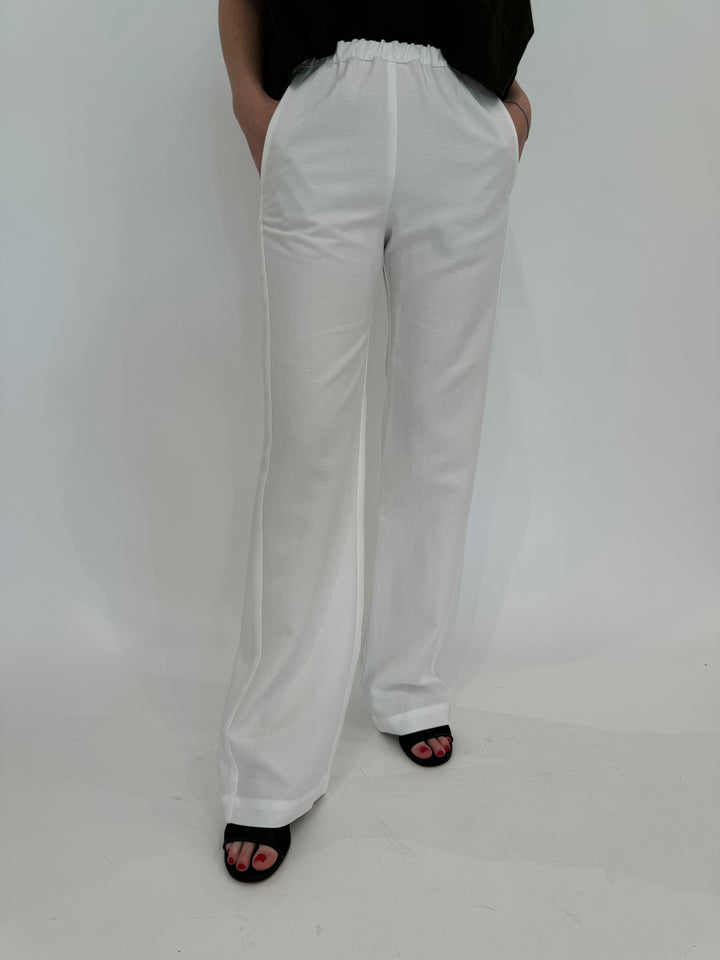 Enza Costa Twill Everywhere Pant in Off White, pull-on style pants with low to mid-rise waist and side pockets