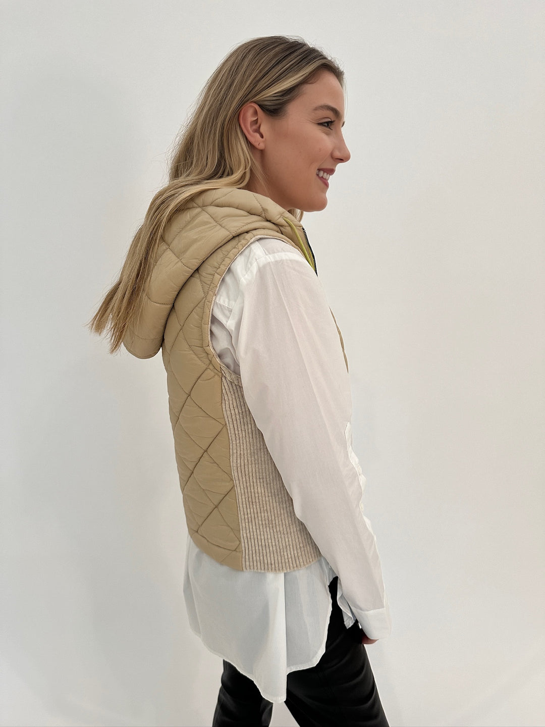 Aldomartins Ibon Quilted Hooded Vest in Vanilla available at Barbara Katz