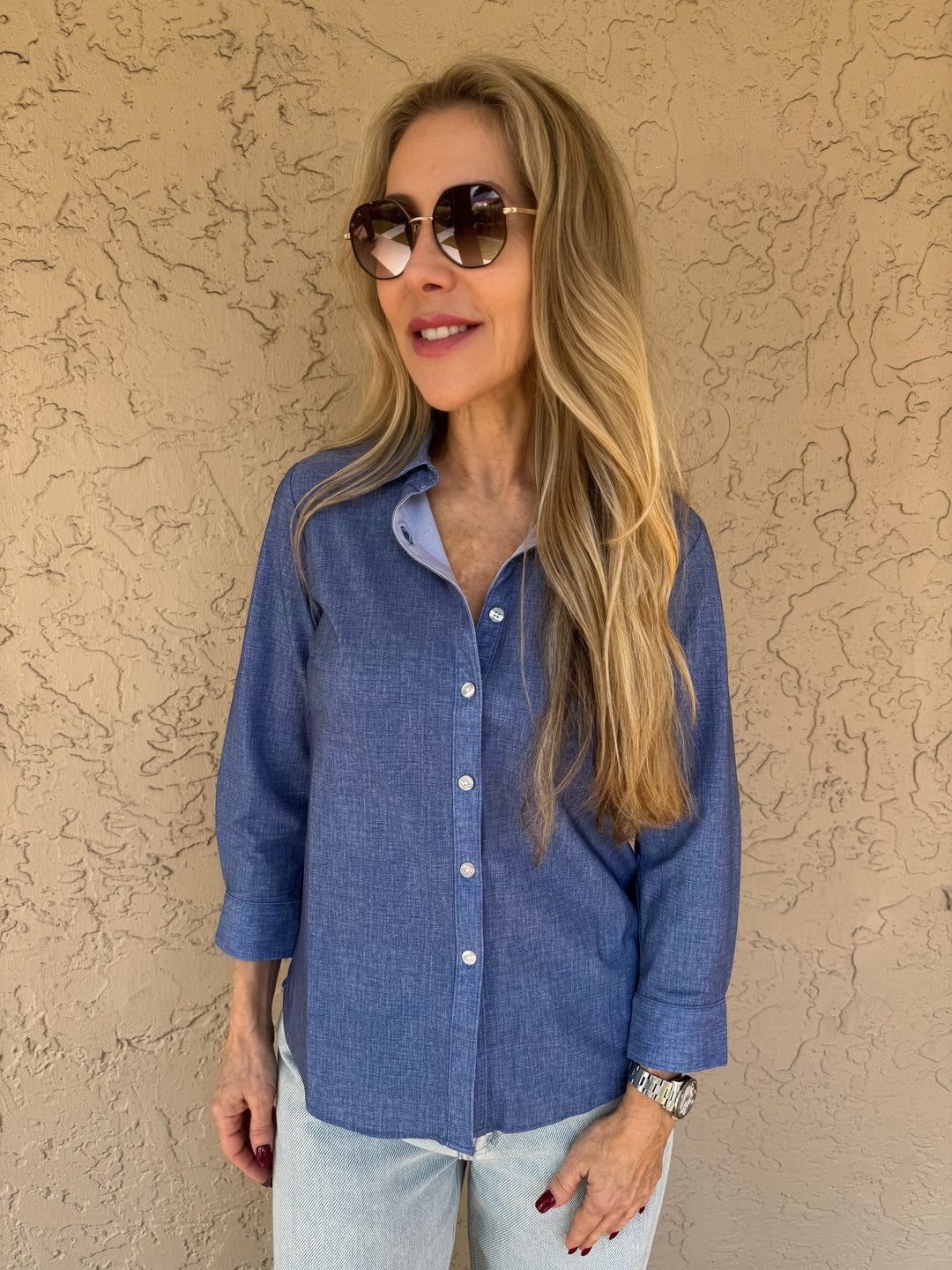 Ameliora Diane 3/4 Sleeve Shirt in Indigo - Front View 