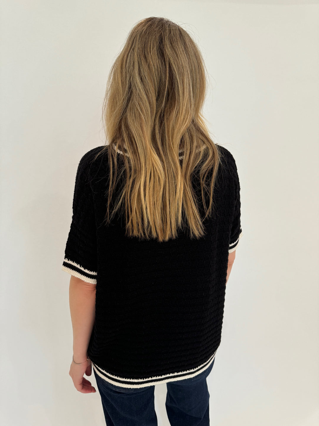 Peace of Cloth Crochet Details Relaxed Crew Sweater in Black with short sleeves and boxy fit