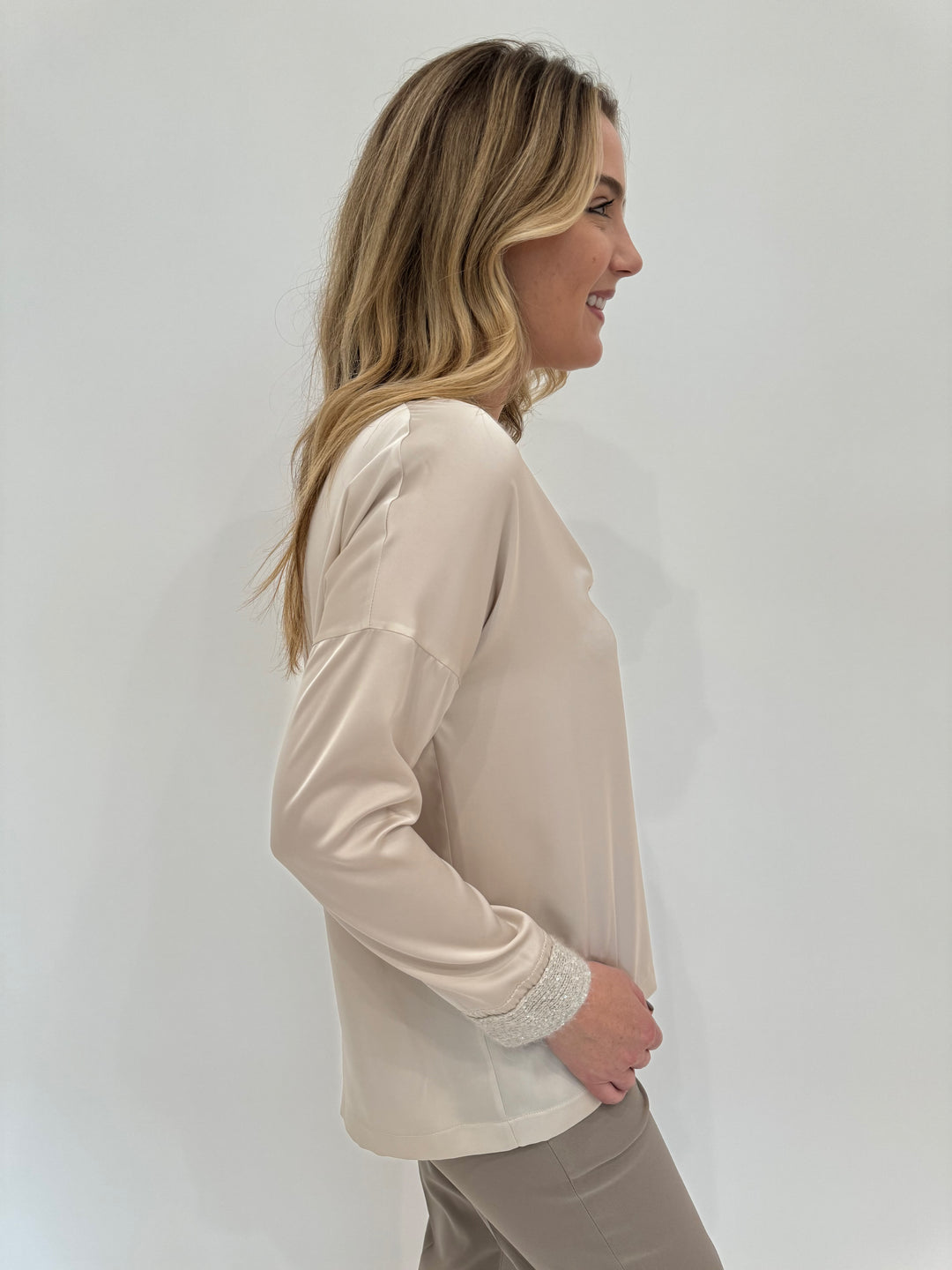 D.Exterior V-Neck Mini Sequins Long Sleeve Top in Onice available at Barbara Katz