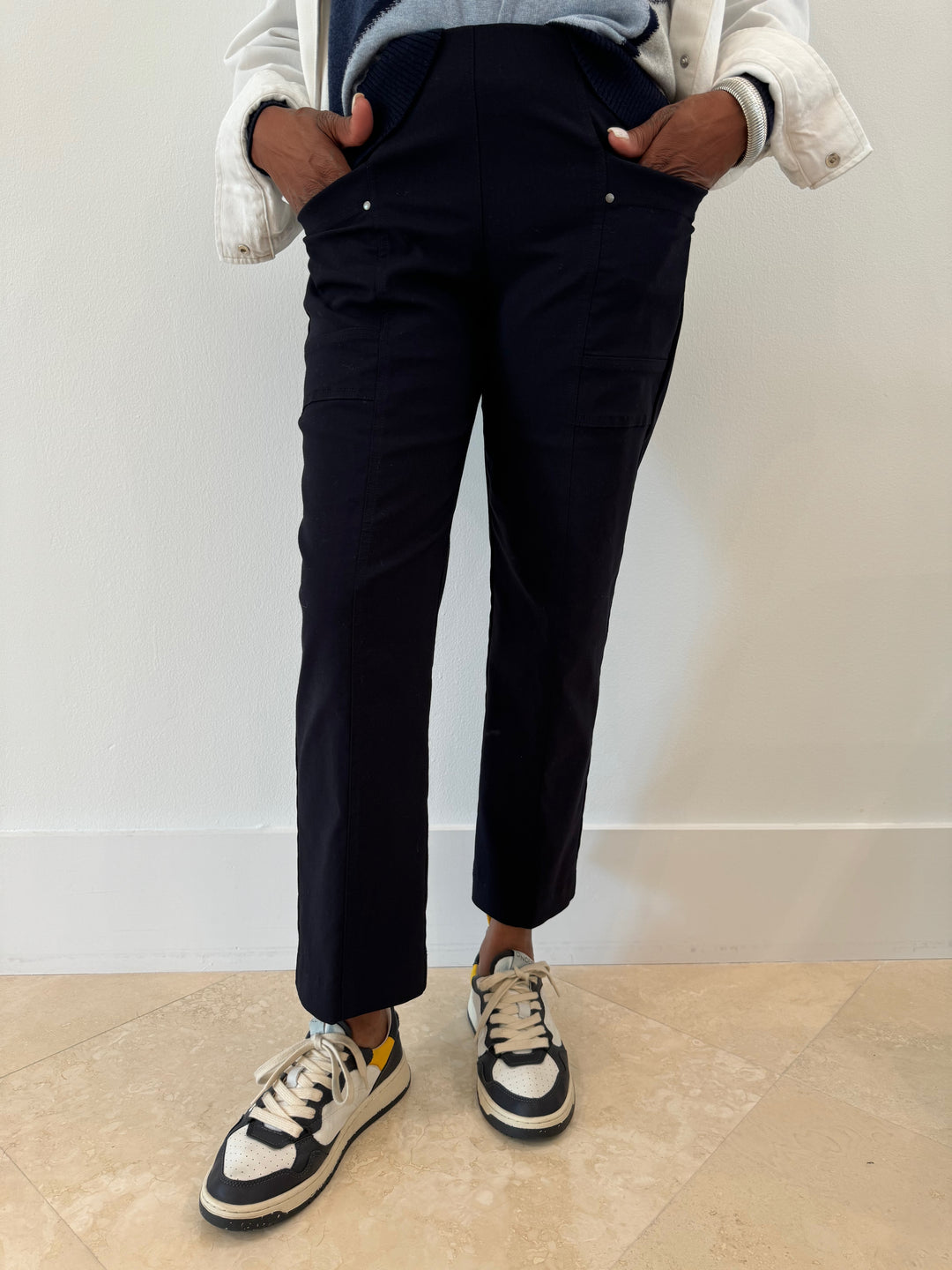 Elliott Lauren Crop Cargo Pants With Rivet Details in Navy, pull-on style with elastic waist, front pockets, rivet details, straight leg and cropped length