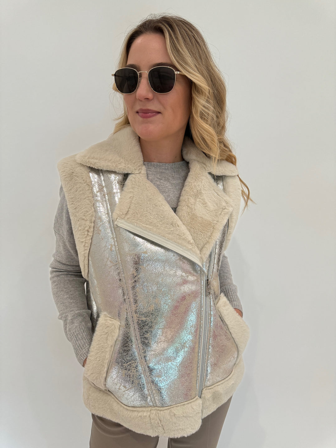 D.Exterior Metallic Vest in Onice, Le Specs Neptune Deux Sunglasses available at Barbara Katz