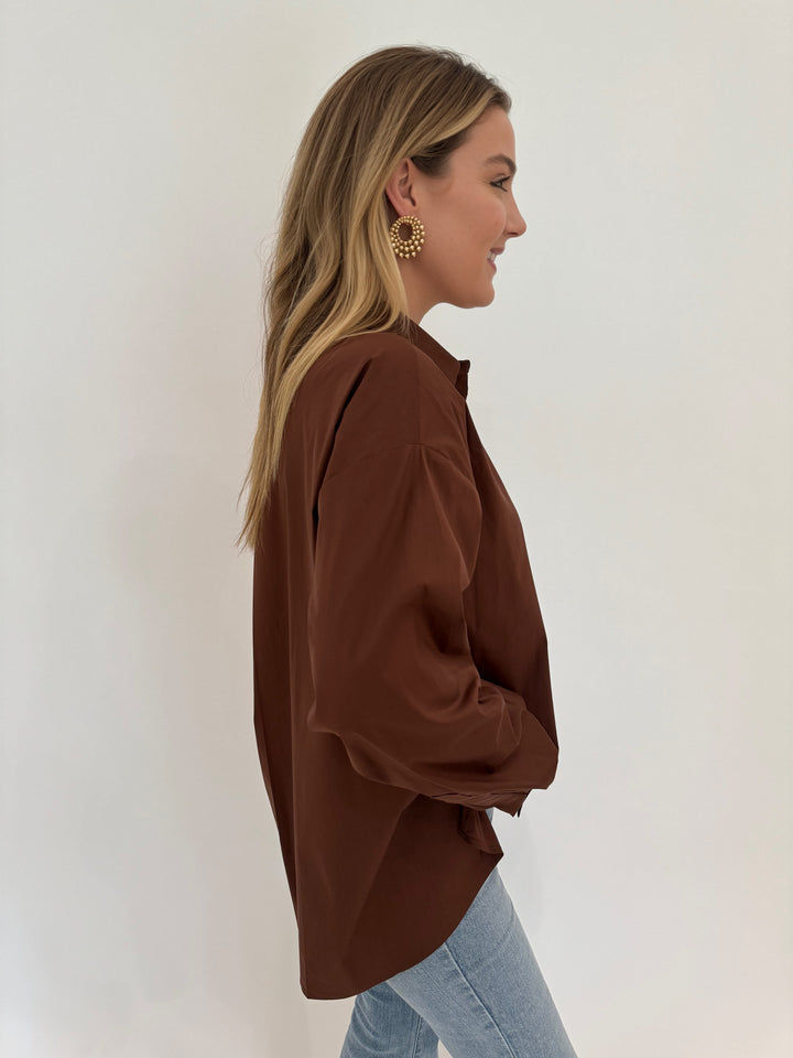 Repeat Long Sleeve Shirt With Side End Slits in Brown