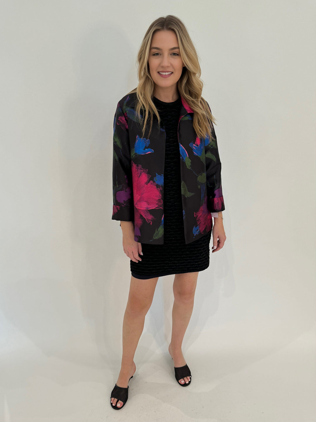 Maria Pavan Wave Sequin MIni Dress in Black layered with Caroline Rose Autumn Allure Jacket in Multi/Black available at Barbara Katz